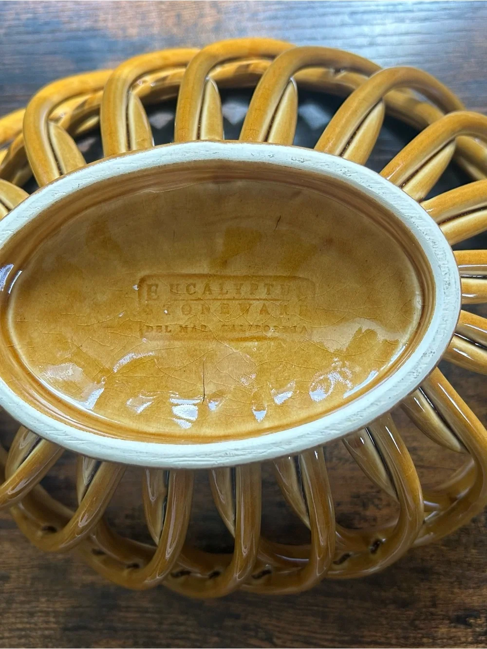 Eucalyptus Stoneware Vintage Woven Ceramic Basket Bowl Del Mar CA